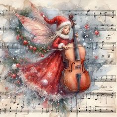 a painting of a fairy with a violin in her hand and christmas decorations around her