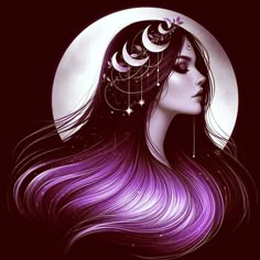 a woman with long purple hair and crescents on her head, in front of a full moon