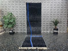 a black and white room with blue lines on the floor next to a planter