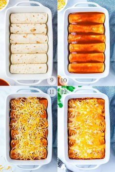 four images showing how to make an enchilada casserole with cheese