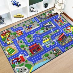 a child's play area with toy cars and trucks on the rug in front of bookshelves