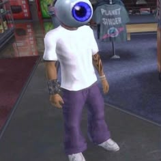 a cartoon character is standing in front of a computer screen with an eyeball on his head