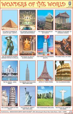 the wonders of the world poster is shown in red and white, with pictures of famous landmarks