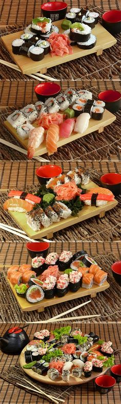 there are many different types of sushi on the trays that you can eat