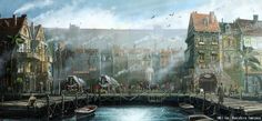 a painting of a city with lots of buildings and people walking across a bridge over water