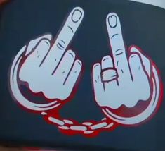 two fingers pointing at each other in front of a black background with red and white lettering