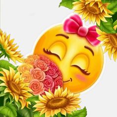 a yellow sunflower with a pink bow on it's head and eyes closed