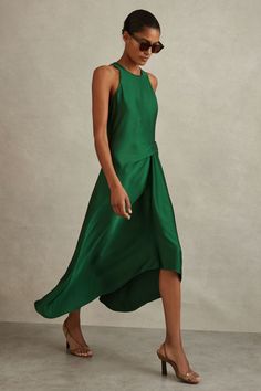 Dark Green Dress, Green Midi Dress, Green Satin, Dresses Uk, Petite Dresses, Workwear Dress, Jersey Dress, Satin Dresses, Fitted Dress