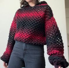 Medium  black and red granny square hoodie  Crotchet  78% Acrylic, 22% Wool Handmade Mesh Granny Square, Granny Square Hoodie, Red Granny Square, Knit Ideas, Womens Hoodies, Wool Handmade, Crochet Ideas, Crochet Clothes, Granny Square