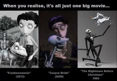 three different animated characters with captioning in the middle one says, when you relishe it's all just one big movie