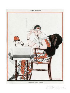 a drawing of a woman sitting at a table with a dog on the other side