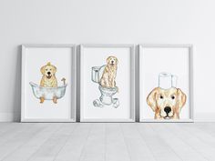 three framed pictures of dogs in bathroom with toilet paper on the wall and one has a dog wearing a hat