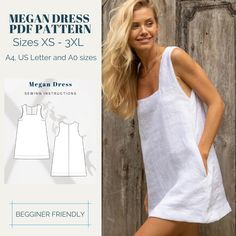 a woman wearing a white dress and smiling in front of a wooden door with the text, megan dress pattern sizes xs - 3xl