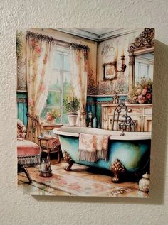 a painting of a bathroom with a bathtub and chair on the wall next to it