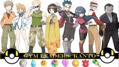 some anime characters are standing together in front of a sign that says gym leaders kanto