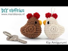 two crocheted chickens sitting next to each other on a white background with the words chicken amigurmi written below