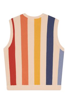 Give your knitwear rotations a playful update with this sweater-vest covered in bold wide stripes. Crewneck Ribbed cuffs and hem 48% viscose, 33% recycled polyester, 19% recycled nylon Machine wash, dry flat Imported Striped Vest, Striped Vests, Mens Linen, Vests Mens, Wide Stripes, Wool Vest, Wool Blend Sweater, Stripe Sweater, Sweater Vest