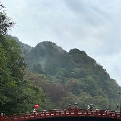 people are standing on a bridge with an umbrella in the rain near some trees and mountains