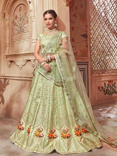 #Indian #lengha #choli #skirt #thread #stone work #lehenga #blouse #ethnic #wedding wear #Handmade #Choli Green Lehenga Choli, Satin Lehenga, Indian Wedding Lehenga, Resham Work, Green Lehenga, Lehenga Choli Online, Ghagra Choli, Bridal Lehenga Choli