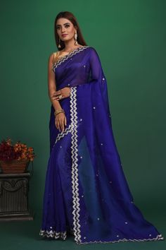 Buy beautiful royal blue embroidered organza saree online in USA. Be a vision of style and elegance at parties and special occasions in beautiful designer sarees, embroidered sarees, printed sarees, satin saris from Pure Elegance Indian fashion store in USA.-full view Printed Sarees