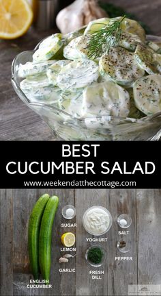 cucumber salad in a glass bowl with ingredients to make it