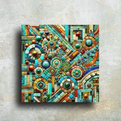 an abstract painting on the wall with many different colors and shapes, including blue, green,