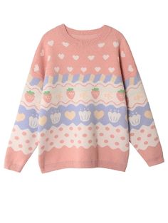 45760818020574 Erich Von Stroheim, Strawberry Sweater, Strawberry Embroidery, Cartoon Strawberry, Kawaii Sweater, Pink Cartoon, Winter Fashion Jackets, Embroidery Sweater, Pink Strawberry