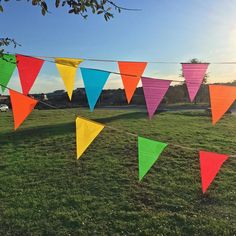 colorful buntings hanging in the grass on a sunny day