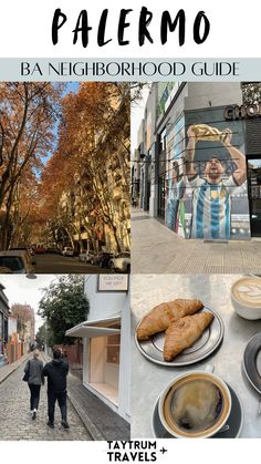 there is a collage of photos with people walking down the street and eating food