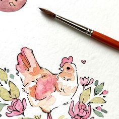 a watercolor painting of a chicken and flowers with a marker pen next to it