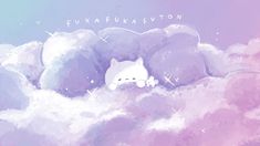 a cat laying on top of some clouds with the words fukafuka euton above it