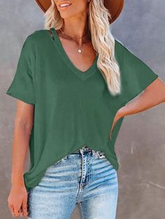 Loose V-neck Solid Short-sleeved T-shirt Shopvhs.com Woolen Clothes, Fashion Color, Women T Shirts, Fashion Colours, Cotton Style, Graphic Shirts, Black Green, Fashion Item, Clothing Items