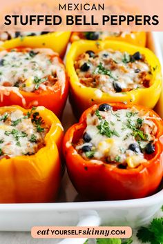 Light and healthy Mexican Stuffed Bell Peppers filled with seasoned ground turkey, brown rice, corn and black beans all topped with melted cheese! Find all sorts of easy family dinner ideas on my website