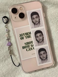 a cell phone case with photos of the same person on it and a lanyard