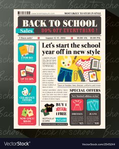 the front page of a newspaper or magazine with an image of school supplies on it