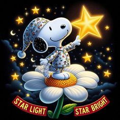 a cartoon snoopy sitting on top of a flower with stars in the sky behind it