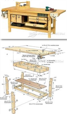 the plans for a workbench are shown in two different views, one with drawers and