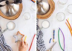 two photos side by side showing the process of making an origami star with colored straws