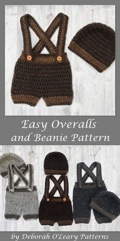 crocheted baby overalls and beanie patterns are shown in three different colors