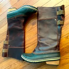 These Boots Were Only Tried On Around Home. Pristine Condition. Markings On Leather Are Manufactured And Natural For Leather. The Quality Is Outstanding & The Leather Is Beautiful. Sorel Slimpack Waterproof Equestrian Tall Ii British Umber Brown Sorel Slimpack, Sorel Womens, Sorel Shoes, Rain Boots, Equestrian, Black And Brown, Boots, Leather, Women Shopping