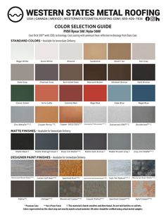 the western states metal roofing color guide is shown in this page, which shows different colors