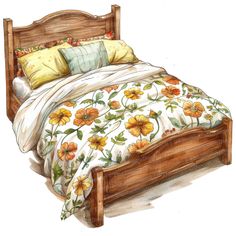 a drawing of a bed with yellow and orange flowers on the comforter, pillows and pillowcases