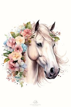 a white horse with flowers on its head is shown in this watercolor painting style