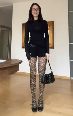 Black Outfit With Tights, Cheetah Tights Outfit, Animal Print Tights Outfit, Outfits With Patterned Tights, Lace Tights Outfits, Cheetah Print Tights Outfit, Summer Tights Outfit, Leopard Print Tights Outfit, Colored Tights Outfit Aesthetic