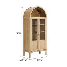 a wooden cabinet with glass doors and measurements