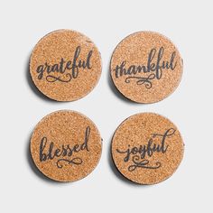 four cork coasters with the words grateful, grateful and grateful written on them