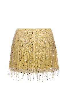 This product is on pre-order. Estimated shipping date late October. The Yasmin Hand Beaded Mini Skirt in Gold by ASTA RESORT. A myriad of sparkling sequins and cascading beads take flight off a base of silk linen. The skirt features a side zip closure and fitted waistline. Hand Embroidered Invisible zipper closure Fitted waistline Fully lined Fits true to size Made in India. Summer Party Skirt With Beaded Fringe, Summer Festive Sequined Skirt, Summer Cocktail Embellished Mini Skirt, Gold Embellished Party Bottoms, Embellished Party Skirt, Embellished Party Season Skirt, Embellished Cocktail Skirt For Party Season, Party Season Embellished Skirt Bottoms, Summer Evening Skirt With Contrast Sequin