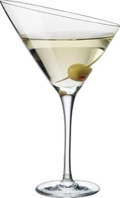 a martini glass with an olive garnish on the rim and a white background