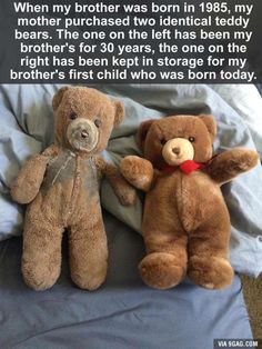 two brown teddy bears sitting on top of a bed next to each other with the caption above them