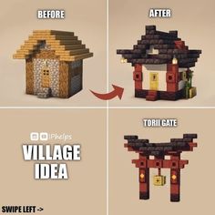 three different types of houses made out of legos and bricks, with the words village idea